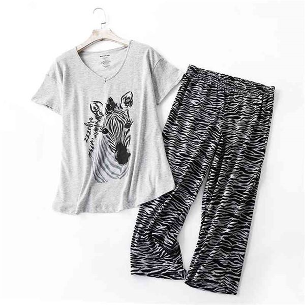 

plus size summer casual pajamas sets women summer short sleeve cropped trousers cozy sleepwear women pyjamas 130kg 210330, Black;red