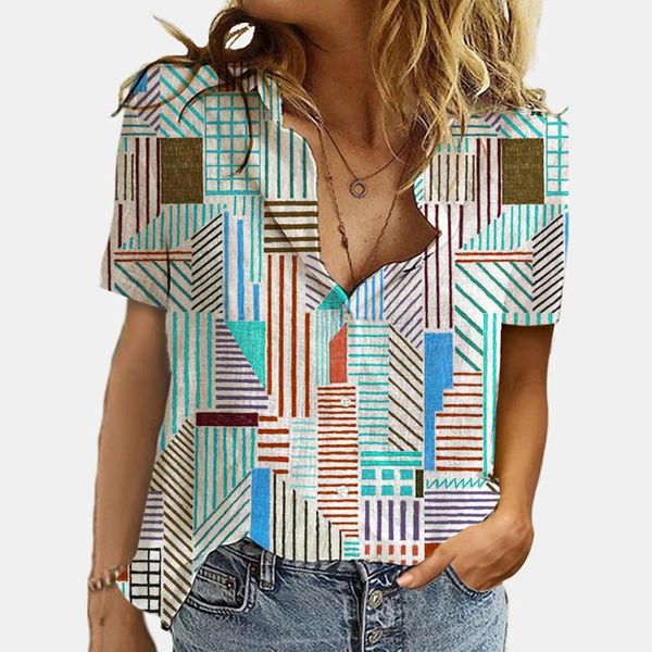 

women's blouses & shirts plus size 2021 patchwork printed short sleeve button cardigan blouse summer turn-down collar, White