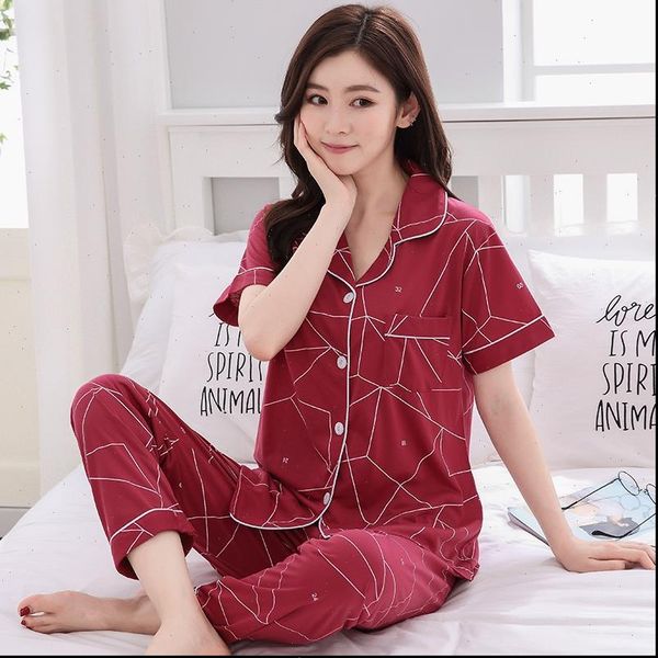 

summer short sleeve long pants women sleepwear pajama sets comic print pyjamas homewear loungewear pijama mujer clothes, Black;red