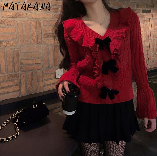 

matakawa flare sleeve sweater women spring retro v-neck woman sweaters bow short bottoming knitted cardigans 210513, Blue