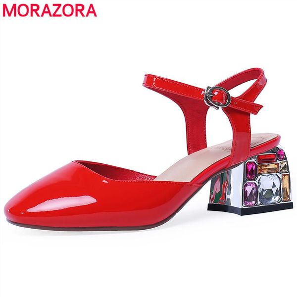 

sandals morazora size 34-43 patent genuine leather women buckle strap square high heels rhinestone red greed black wedding shoes