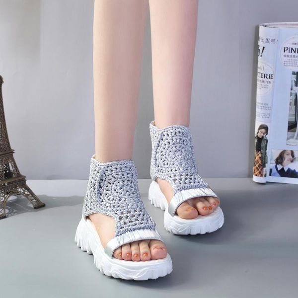 

open toe knitted sandals women platform wedge breathable stretch fabric thick sole sandalias mujer, Black