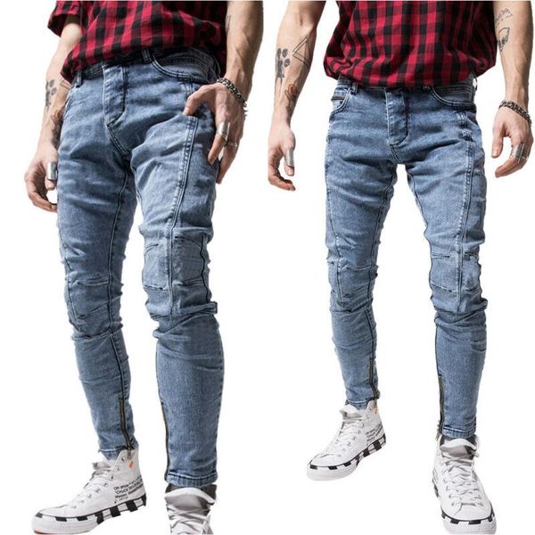 

men's pants mens super skinny jeans stretch slim biker distressed zip denim trousers, Black