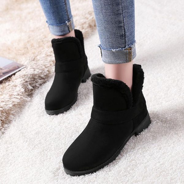 

boots women's round head rivet solid color retro snow casual large size square with plush, Black