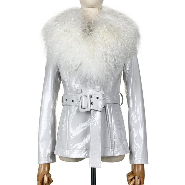 

women's leather & faux ladies genuine patent jacket with curly fur collar, Black