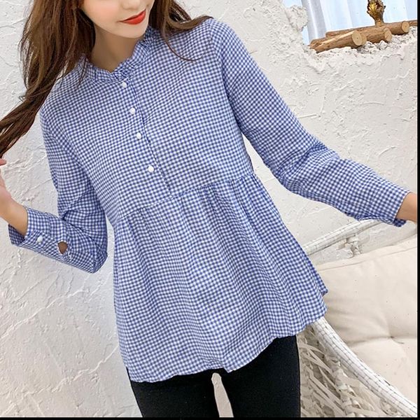 

high neck ruffles plaid pleated women blouses button up long sleeve summer casual blusas red blue black, White