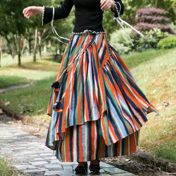 

skirts tiyihailey long maxi a-line elastic waist women chinese style s-2xl cotton linen irregular big hem striped skirt, Black