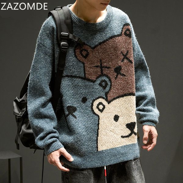 

zazoe cartoon bear sweater men winter men clothing fashion long sleeve knitted pullover sweater oversized 2021 new cotton coat, Black