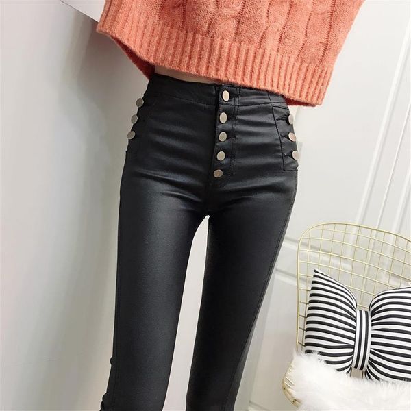 

autumn korean version of slim and velvet leather pants three-breasted buckle all-match tight-fitting pencil foot women's & capris, Black;white