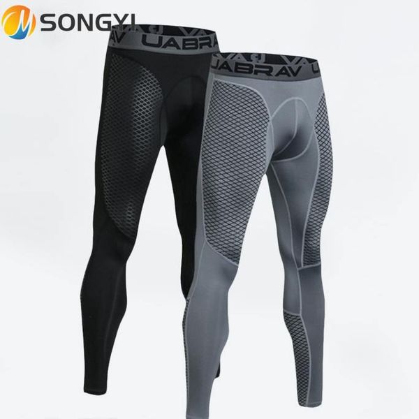 

quick dry men fitness joggings running tights trouser high elastic compression sports leggings ankle length gym pants i170, Black;blue