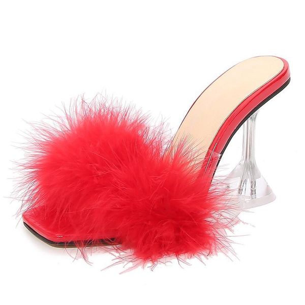 

slippers fanan women's feather high heels slides peep toe summer fur clear heeled mules slip on slide sandals female shoes gf2f, Black