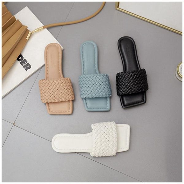 

slippers 2021 fashion weave summer women flat heel open toe slides ladies house outdoor beach sandal casual soft flip flops shoe, Black