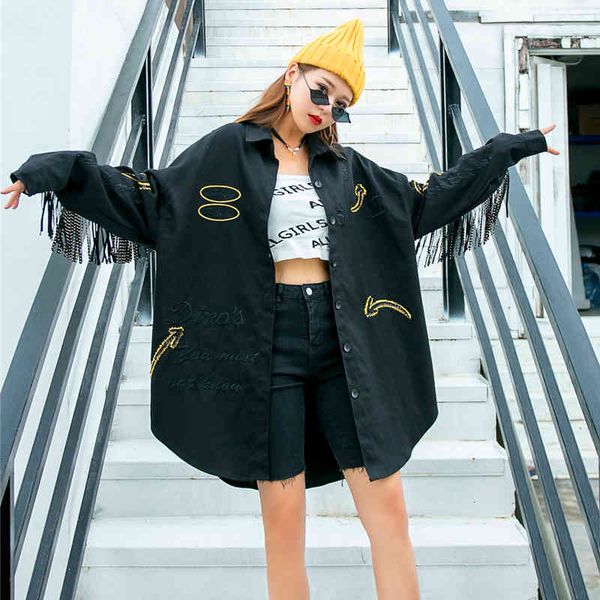 

fritos beautiful street airflow your loose women's shirt in style cool personality fashion embroidery denim jacket, Black;brown