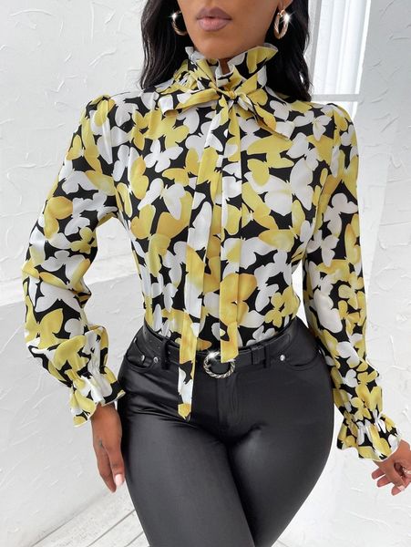 

allover butterfly print tie front blouse z2df#, White