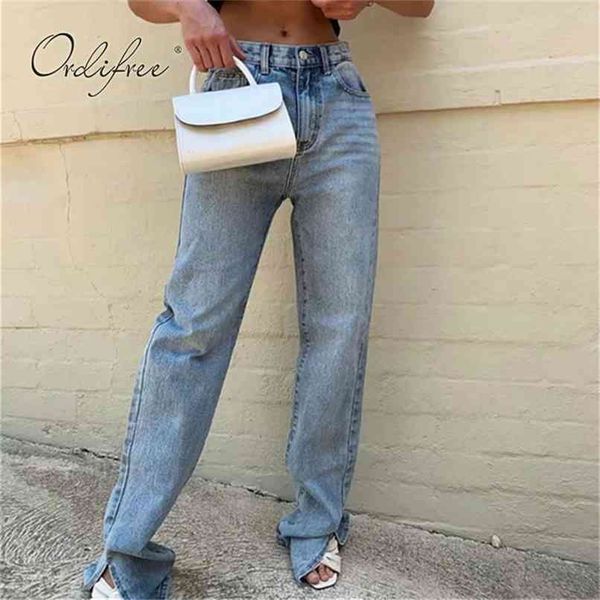 

high waist women jeans streetwear blue fashion female slit denim pants 210513