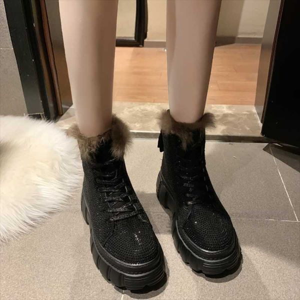 

boots high platform quality shoes 2021 crystal ankle lace up winter warm thick women chunky heel botas de mujer, Black