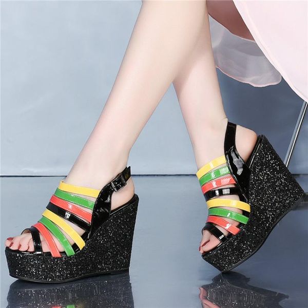 

women multicolor cow leather platform wedges high heel straps gladiator sandals open toe summer wedding party pumps casual shoes, Black