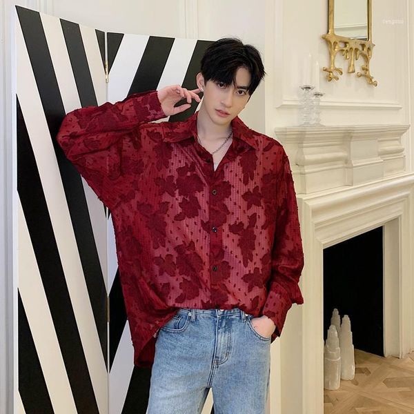 

men see through jacquard lace thin long sleeve casual shirt male women japan korea streetwear dress shirts couple clothing1, White;black