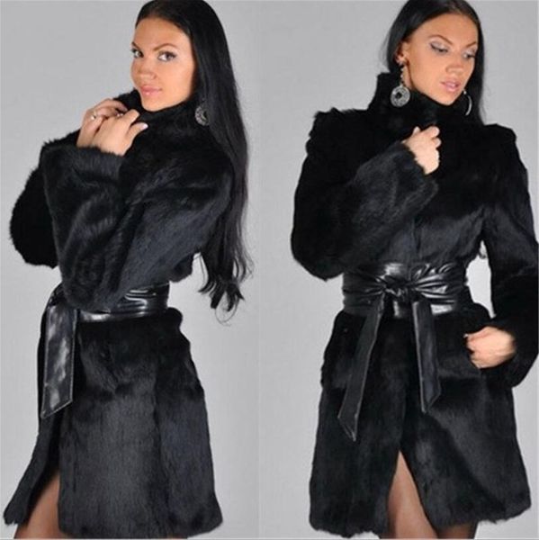 

europese en amerikaanse mode nieuwe stijl konijnenbont jas, fur en mink fur mid-lengte jas voor vrouwen, Black