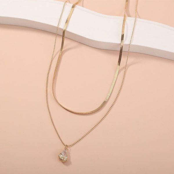 

chains stainless steel fashion high-end jewelry double-layer water drop zircon pendant women's thick chain necklace and, Silver