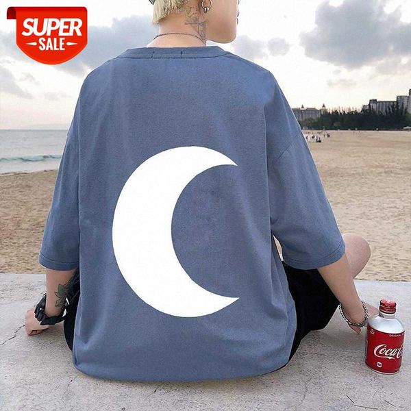 

back moon print short sleeve shirt men's loose half t-shirt #t692, White;black