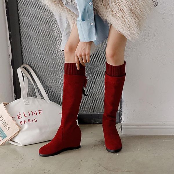 

boots women 2021 winter woman shoes over the knee female fashion round toe soft height increasing fur warm ladies work botas, Black