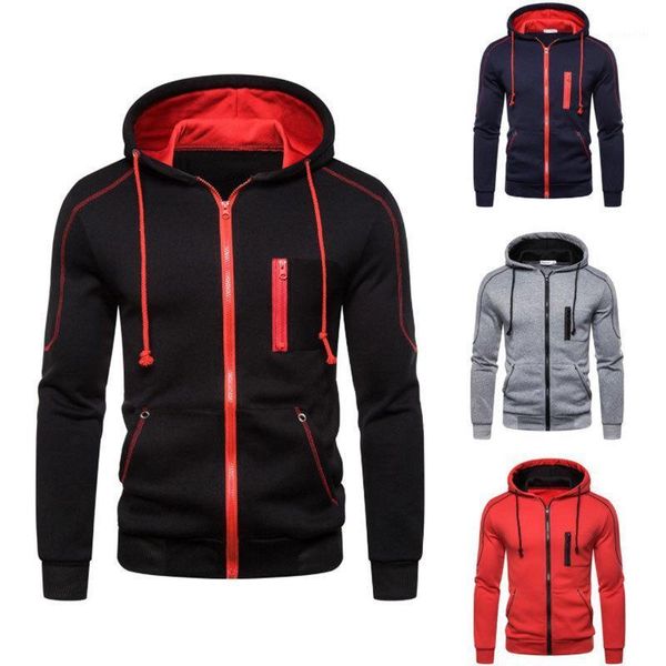 

men's printed spring hoodie fitted sweatshirt jacket solid color casual hooded coat with zipper hoodies & sweatshirts, Black