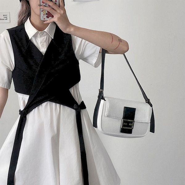 

turn down collar vest and womenpant waist swing dress streetwear outfits preppy summer korean style young matching sets, White