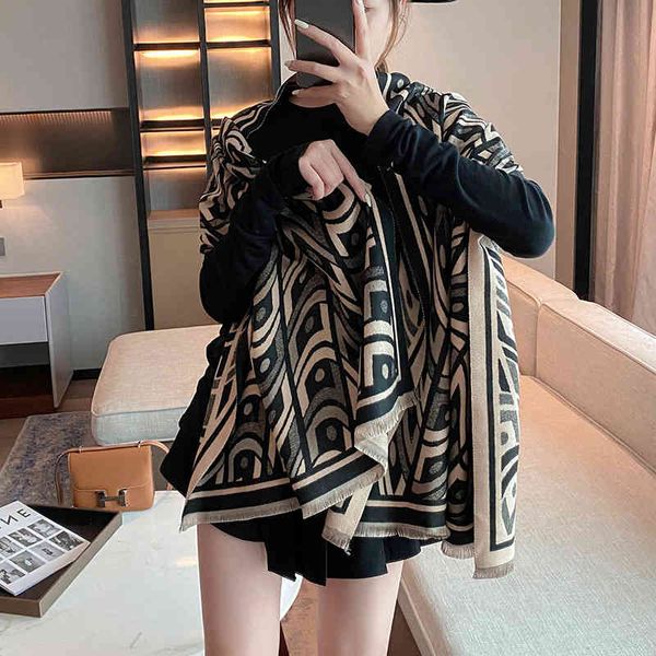 

design versatile scarf women's autumn travel decoration shawl thickened and lengthened warm air conditioning geometric jacquard bib, Blue;gray