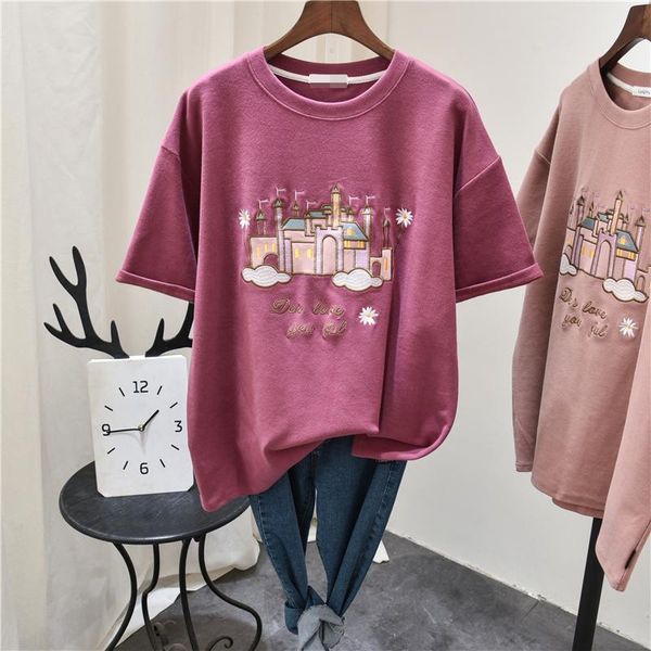 

brushed short sleeve t-shirt women's spring and summer thickened pure cotton embroidery simple students' half-length top, White