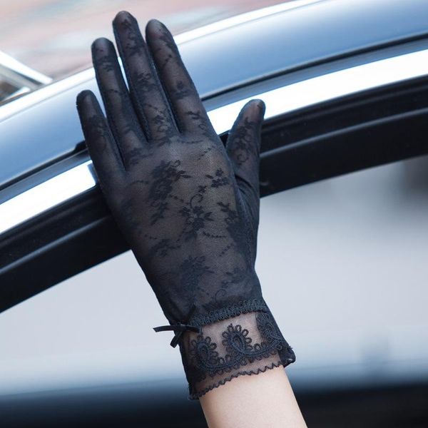 

summer women touch screen gloves spring flower embroidery lace sunscreen driving lady anti-uv thin guantes five fingers, Blue;gray