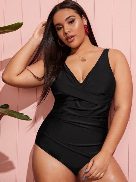

plus solid twist one piece swimsuit c5im#, Black