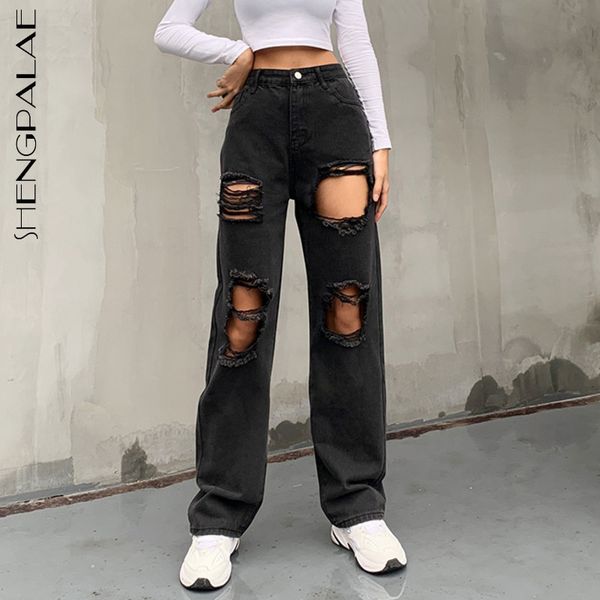 

women's jeans trendy holes spring straight high waist wash streetwear black simple female denim pants 5b365 728z, Blue