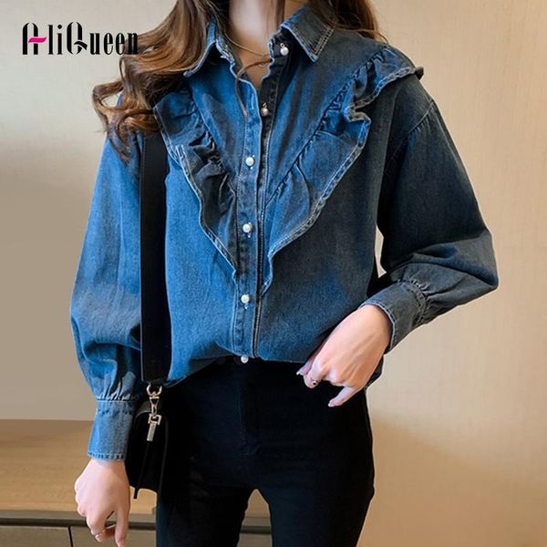 

women's blouses & shirts autumn spring plus size ruffles blue blouse lady long sleeve denim shirt loose single peals buttons jeans blu, White
