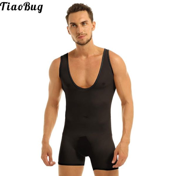 

men's swimwear tiaobug summer men one-piece swimming jumpsuits stretch mesh see through sheer lingerie sleeveless scoop neck jockstrap