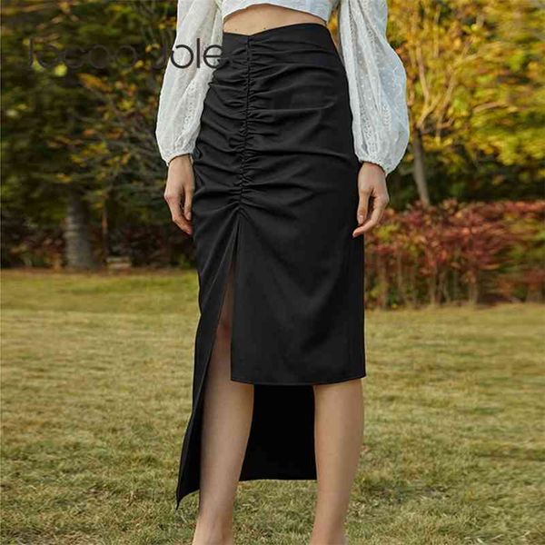

jolee jocoo women summer pleated irregular elegant casual basic skirt zipper high waist solid straight office lady 210416, Black