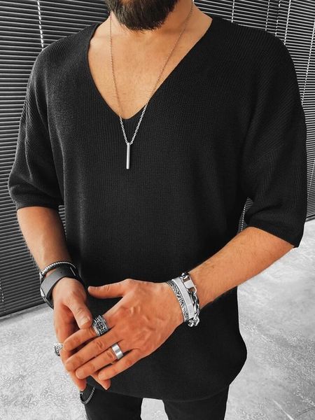 

men's t-shirts autumn casual knitted sweater for men half sleeve v-neck solid jumpers slim fit sweaters mens streetwear, White;black