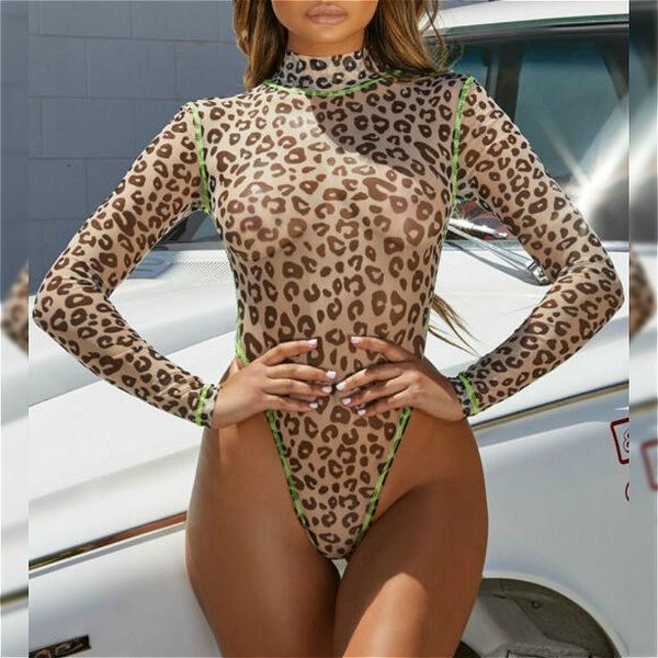 

sheer mesh leopard womens jumpsuits print bodysuits long sleeve turtleneck bodycon club wear, Black;white