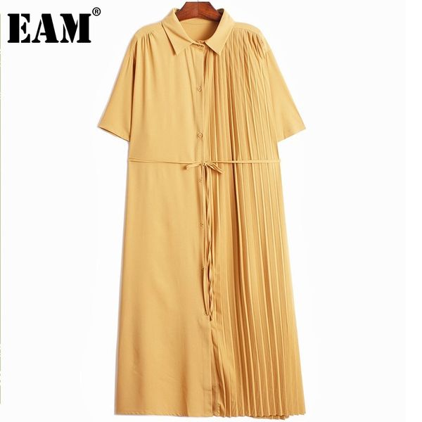 

[eam] women black big size asymmetrical pleated sashes dress lapel short sleeve loose fashion spring summer 1dd8594 210512, Black;gray