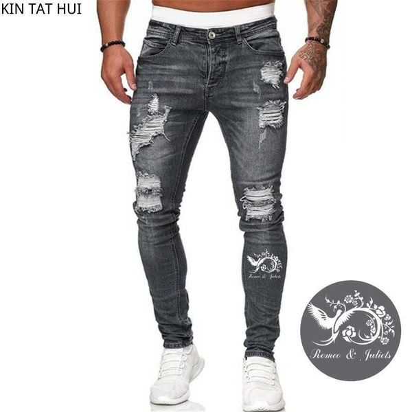 

ripped men jeans slim pencil hole denim pants 2021 exclusive new phoenix print trousers boy street biker denim clothing x0621, Blue