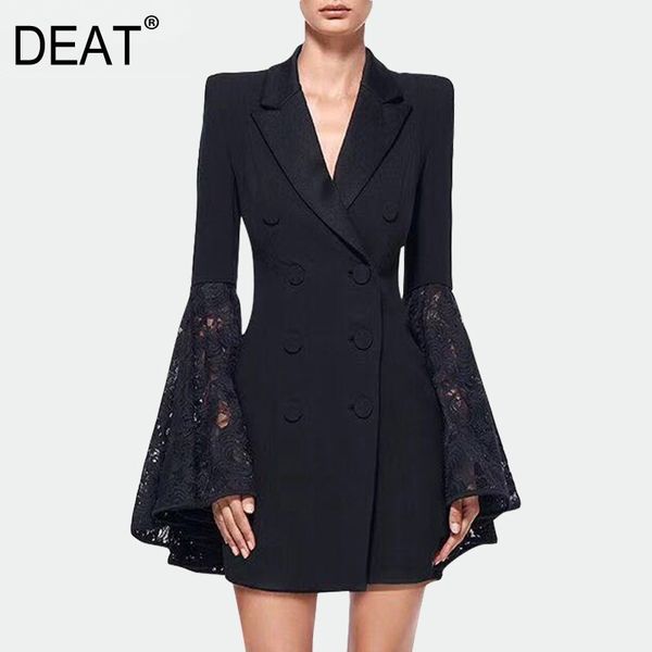 

spring and winter notched flare lace patchwork sleeves slim high waist double breasted suit dress wn46601s 210421, Black;gray