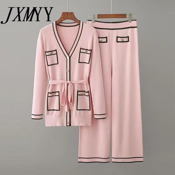 

women's two piece pants jxmyy early autumn long-sleeve knit suit lace-up waist mid-length v-neck cardigan + wide-leg two-piece female, White