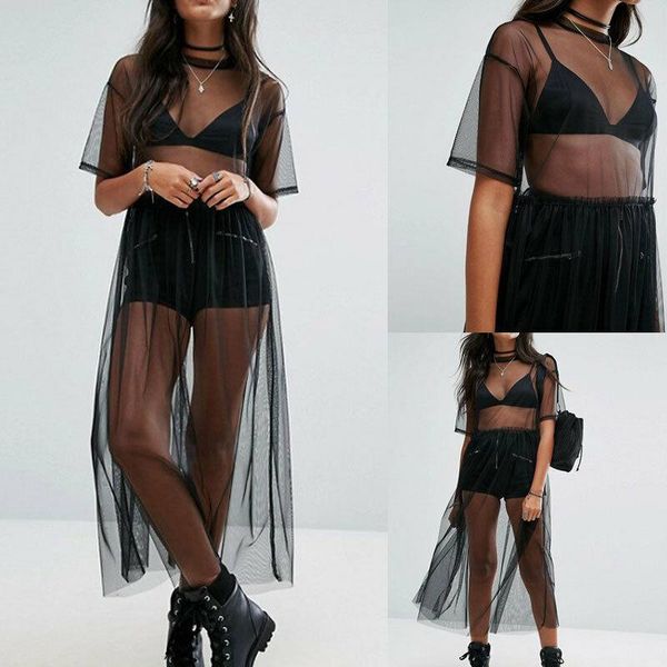 Sarongs mulheres ver através de biquíni encobrir gaze malha midi vestido puro maxi tulle lace long beach fêmeas sexy terno sarongs