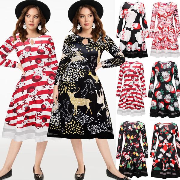 

year's dress women's dresses christmas party long sleeve o-neck print med-length women snowflake plus size vestidos casual, Black;gray