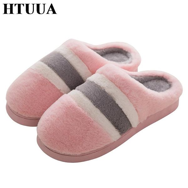 

slippers htuua flat platform warm plush winter women stripe furry fur house home ladies shoes sx1915, Black