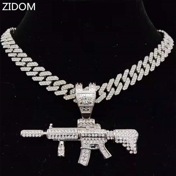 

pendant necklaces men women hip hop iced out bling submachine gun necklace with 12mm rhombus cuban chain hiphop fashion jewelry, Silver