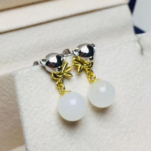 

925 sterling silver hetian white jade animal head earrings fine jewelry for fashion christmas gift, Black;brown