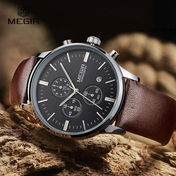 

wristwatches megir fashion leather quartz watch man luminous chronograph wristwatch male casual analog watches men calendar hour clock, Slivery;brown