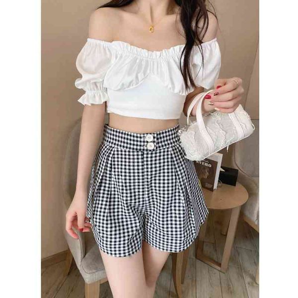 

2021 summer new leisure wide leg pants korean high waist slim loose button check shorts, Black