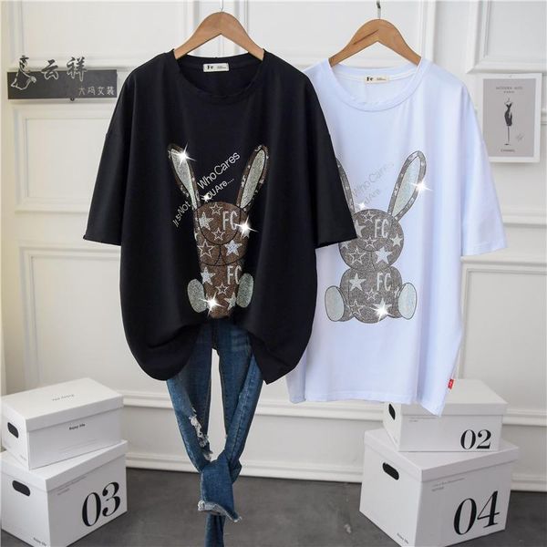 

women's t-shirt summer rhinestone cotton t shirt short sleeve plus long crewneck diamonds graphic tee ultra soft oversized, White